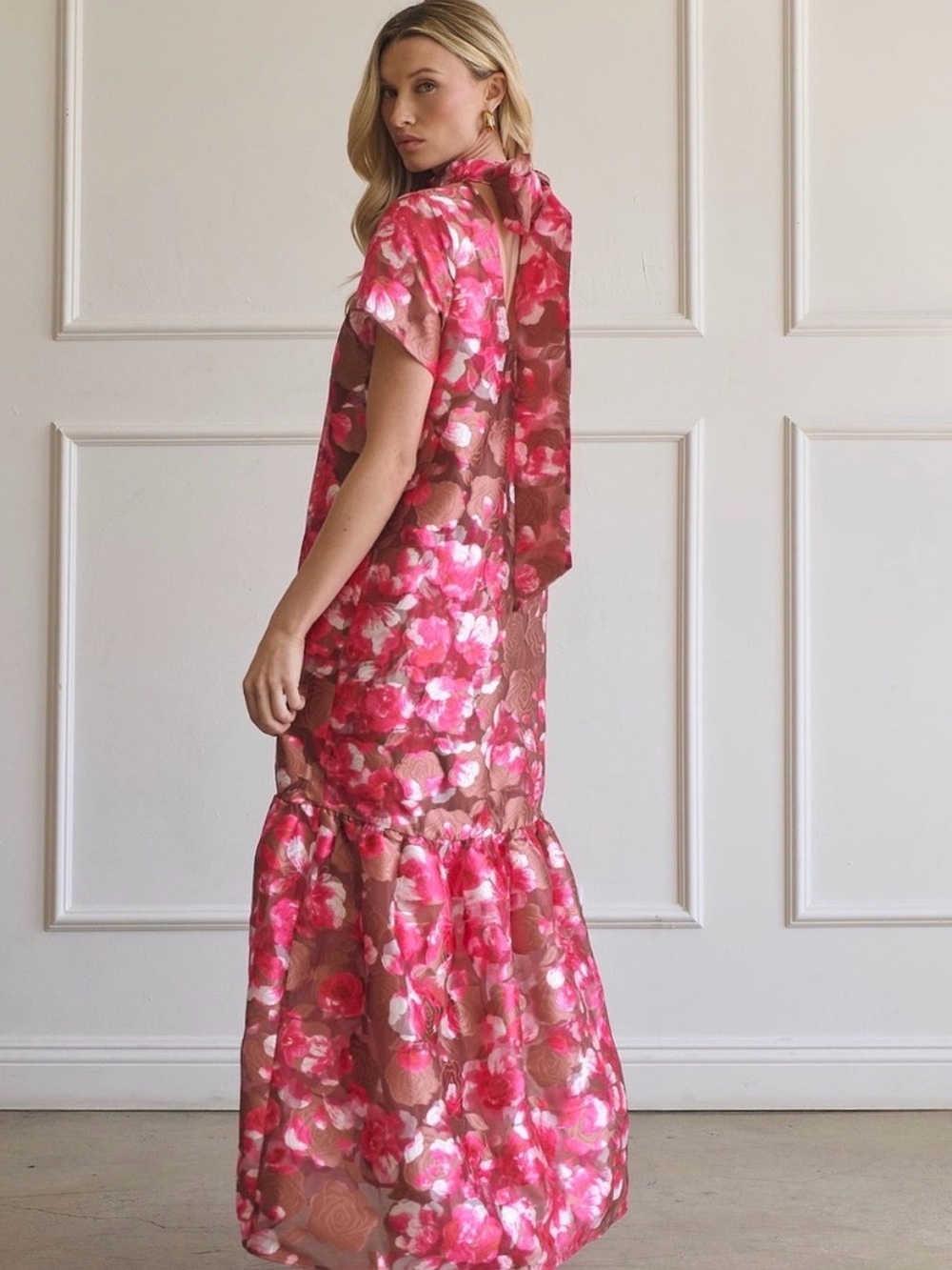 Sugar Lips Floral Pink Brown Maxi Dress with Back Tie